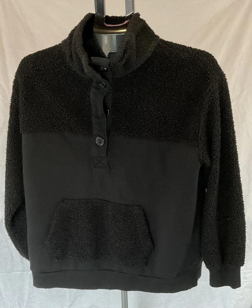 Time And Tru Black 1/2 Button Down, Sherpa Sweatshirt, Size Large, Women’s